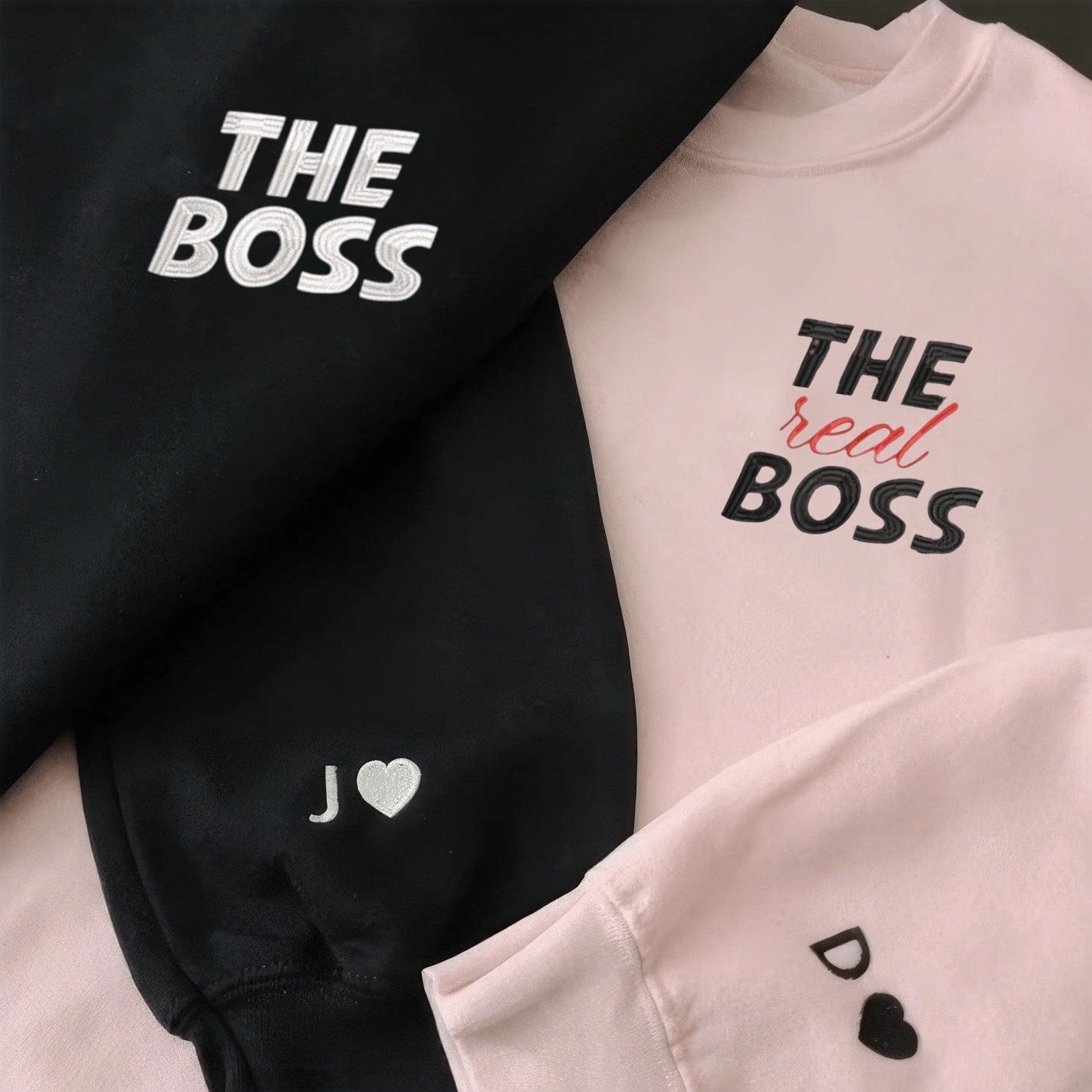 Custom embroidered graphic meme shirts with bold text reading "The Boss" and "The Real Boss," perfect for fans of funny meme t-shirts.
