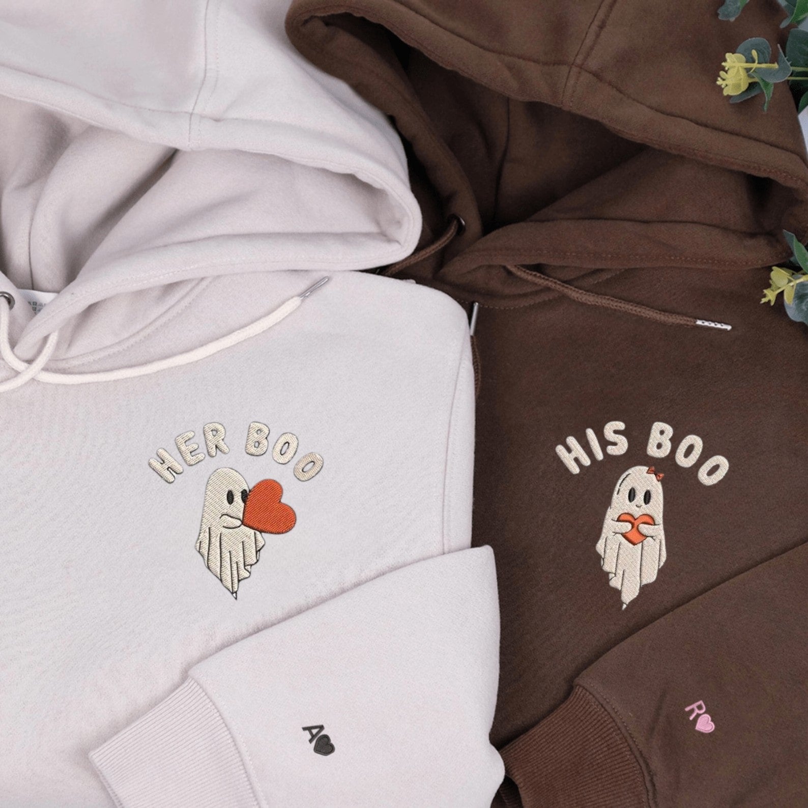 Custom embroidered graphic meme shirts featuring "His Boo" and "Her Boo" ghost designs, ideal for best gag gifts for men.
