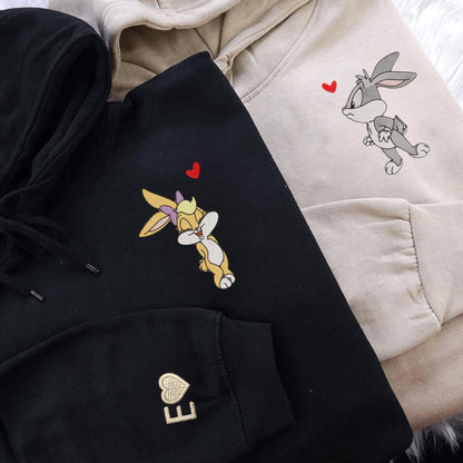 Matching Couple Hoodies - Cartoon Rabbits Bugs and Lola Couple Custom Embroidered Sweatshirts For Couples