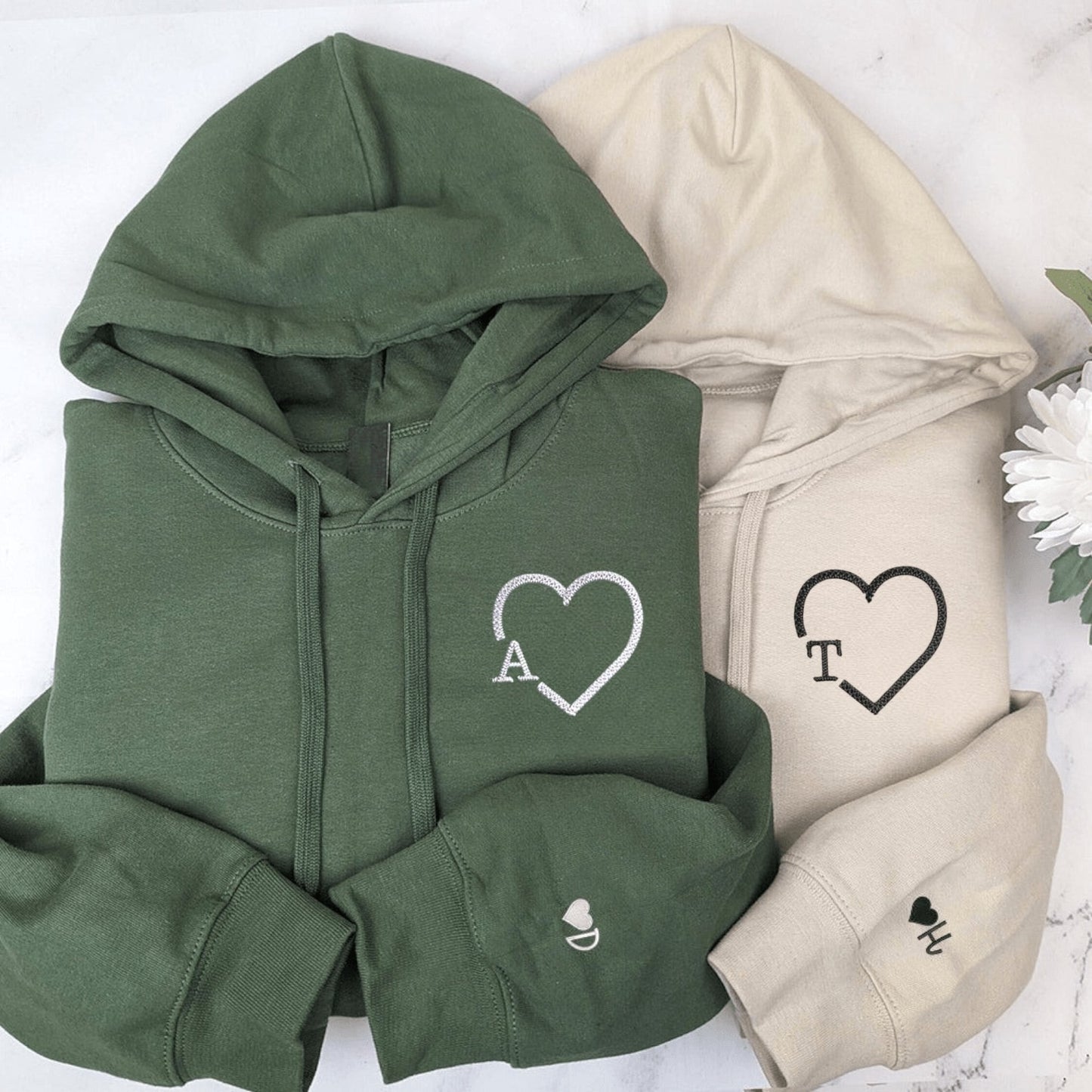 Matching Couple Hoodies with heart initials design, ideal for couples matching hoodies.
