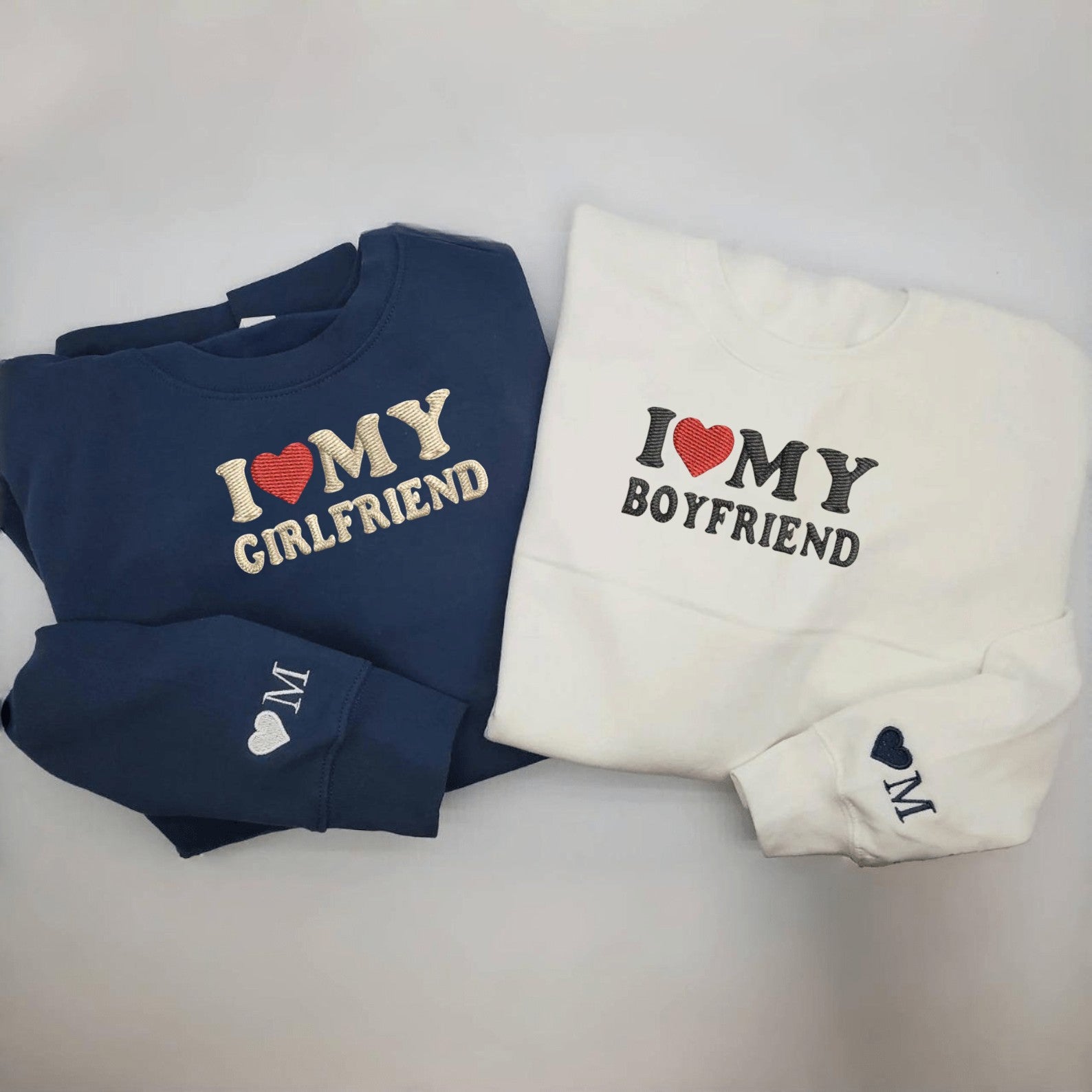 Matching Couple Hoodies with "I Love My Boyfriend" and "I Love My Girlfriend" designs, perfect for couples matching hoodies.
