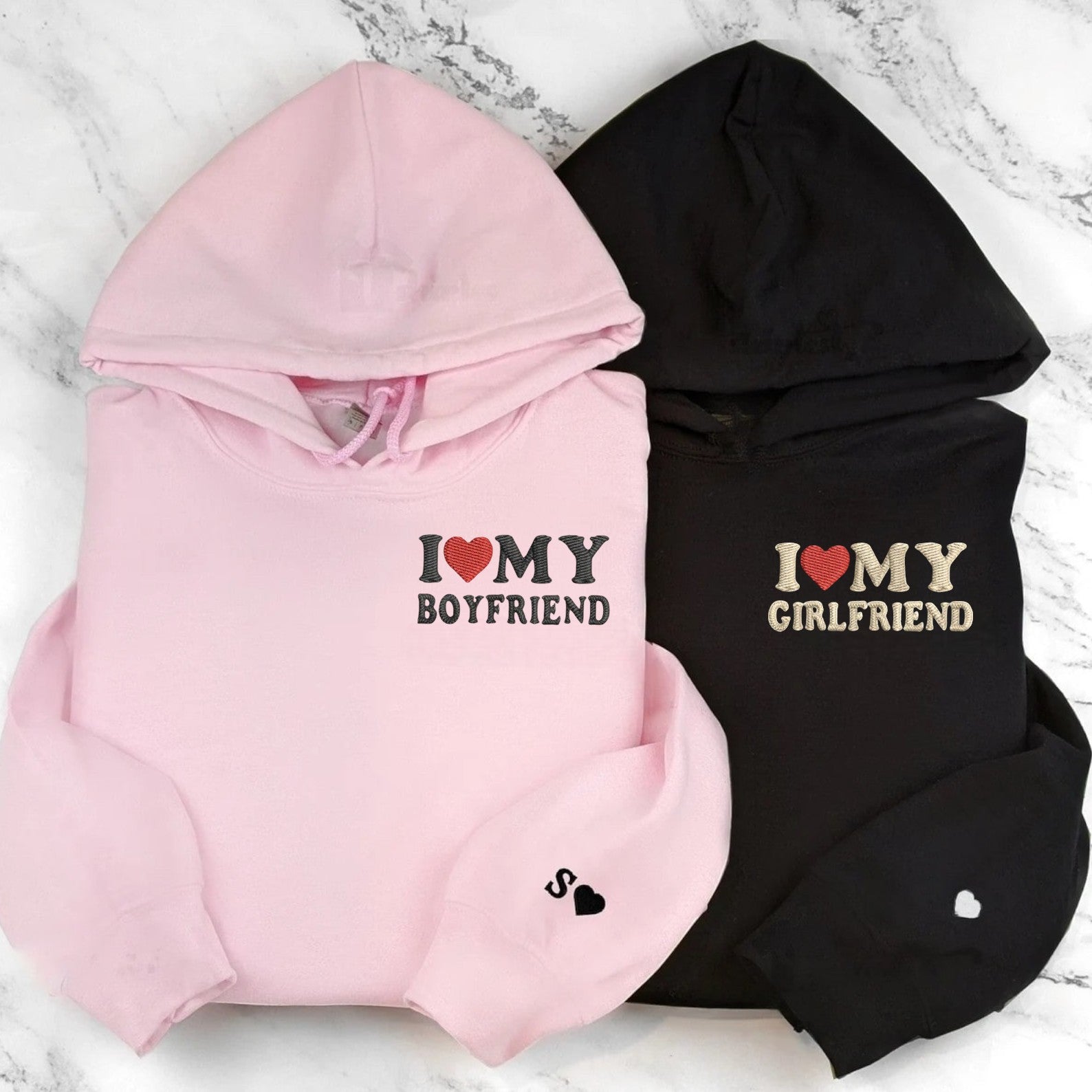 Matching Couple Hoodies featuring bold text designs, ideal matching couple sweatshirts.
