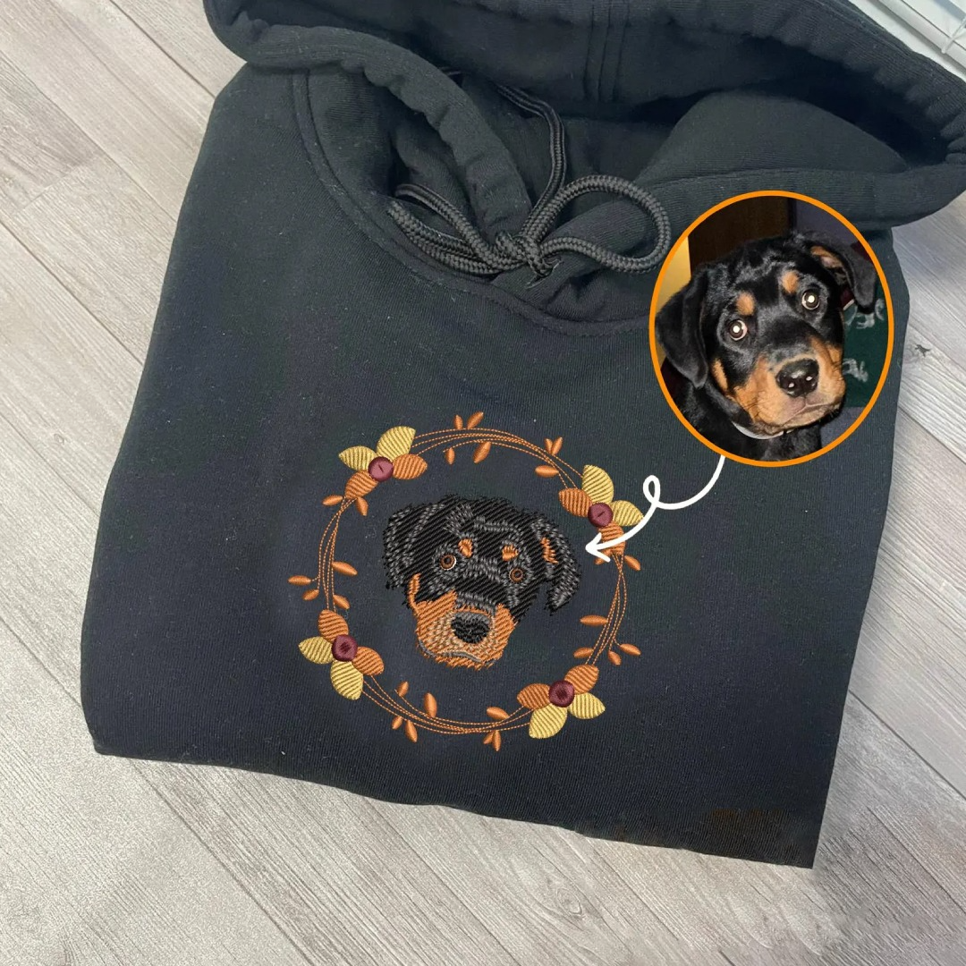 Custom dog sweatshirt with personalized embroidered pet portrait and wreath design