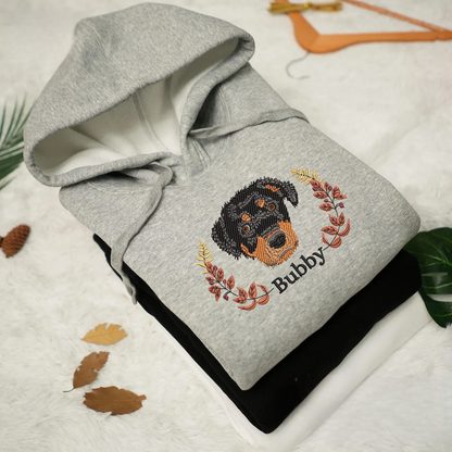 Custom embroidered dog sweatshirt with personalized pet portrait and wreath design, ideal for pet lovers