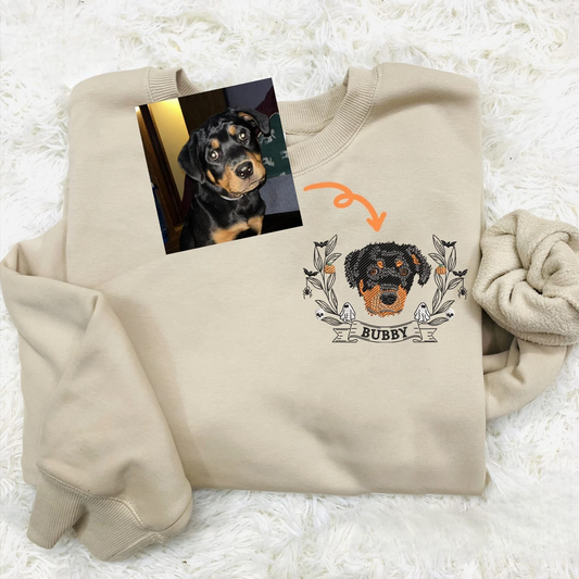 Custom dog sweatshirt with personalized embroidered pet portrait and wreath design - perfect custom embroidered hoodie