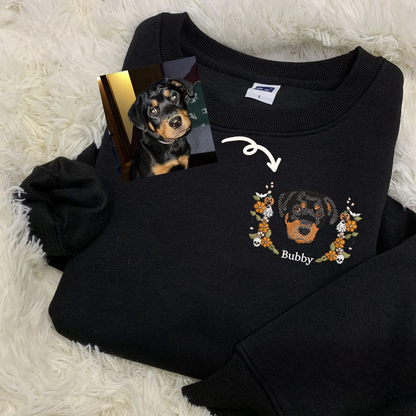 Personalized sweatshirt for dog lovers featuring custom embroidery of pet's face and wreath - custom embroidered sweatshirts