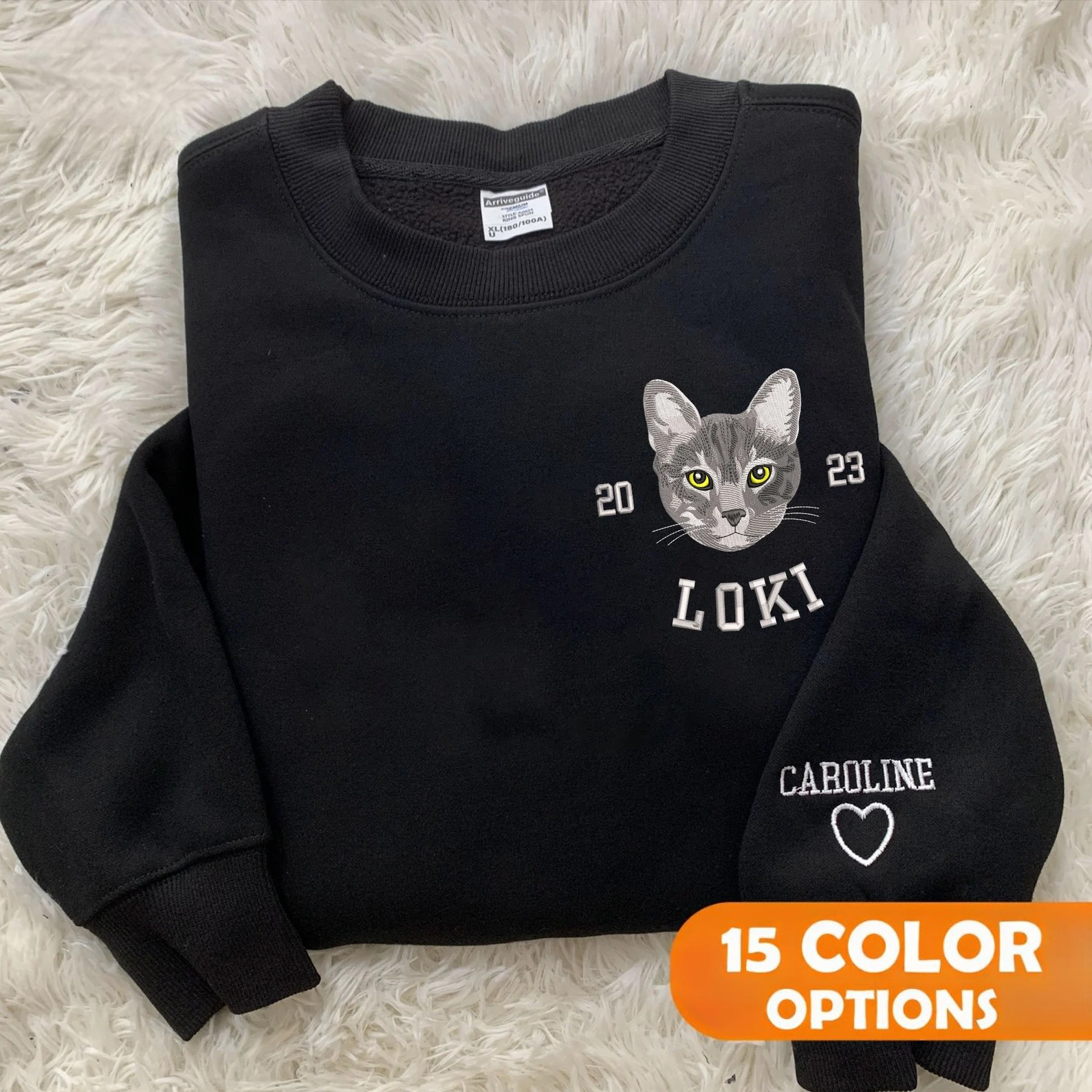 Personalized custom sweatshirt for dog or cat lovers featuring embroidery of pet’s face and name - custom embroidered sweatshirts