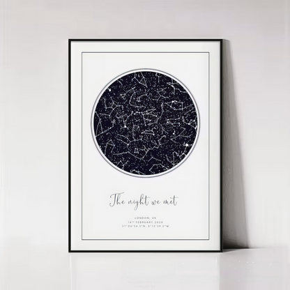 Custom star map featuring constellations from a specific date and location - ideal personalized gift