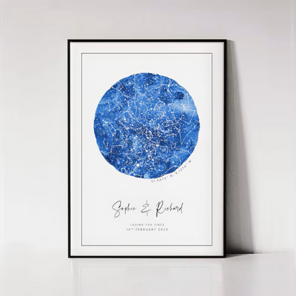 Elegant custom constellation map designed to capture the stars on a memorable night