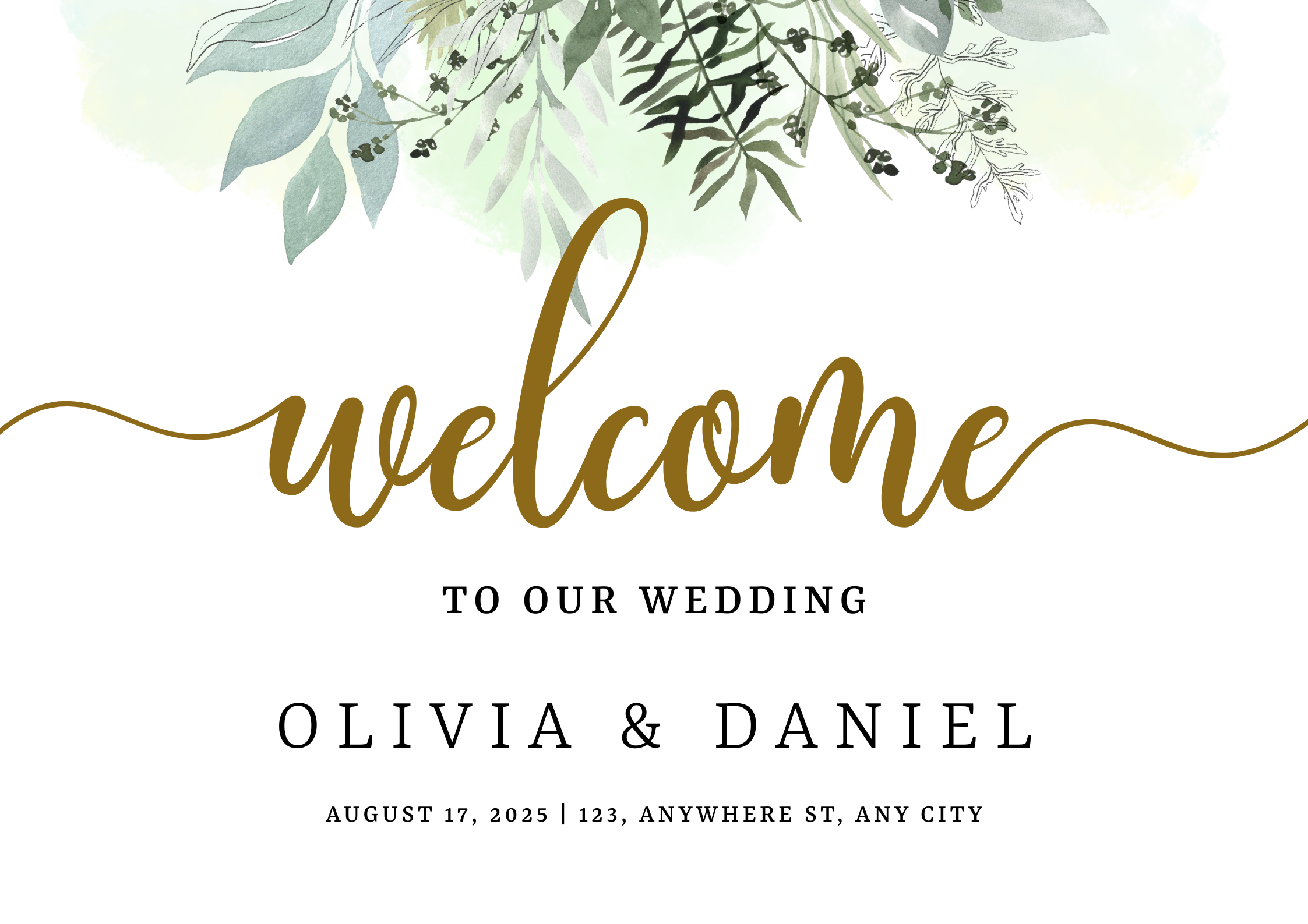 Custom Wedding Welcome Sign with Green Watercolor Design