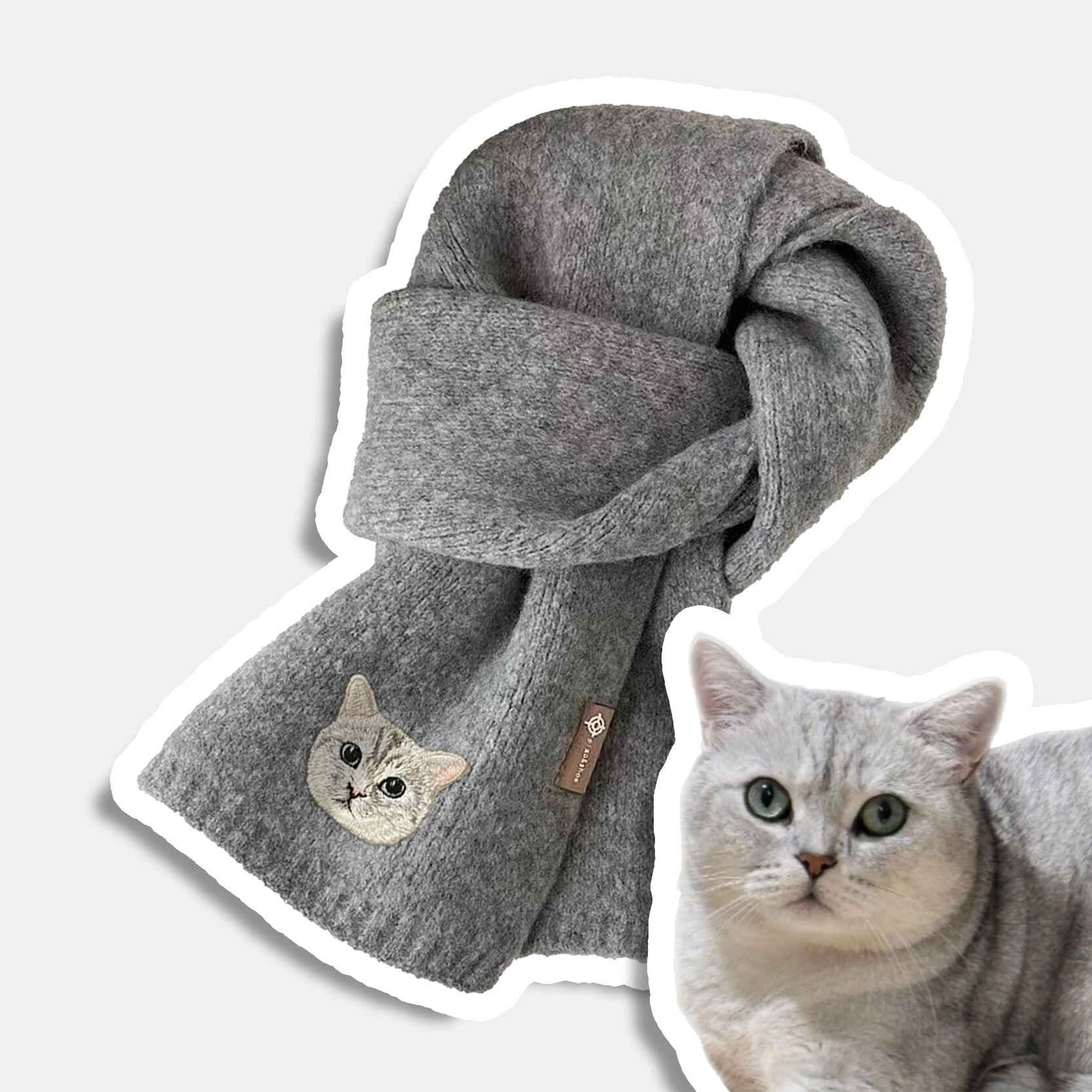 Cozy knit scarf with embroidered pet faces, best gift for pet lovers.
