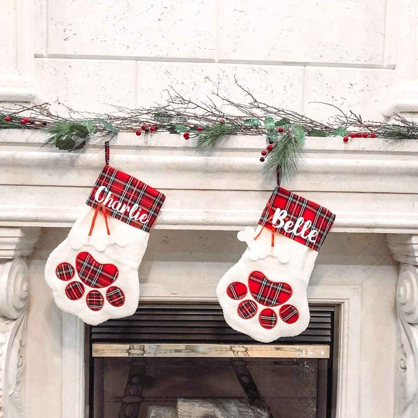 Personalized pet Christmas stockings with plaid paw print and custom names
