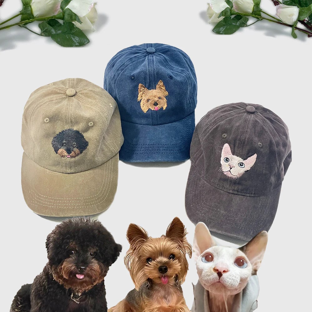 Embroidered caps with dog and cat designs in khaki, navy, and charcoal colors.