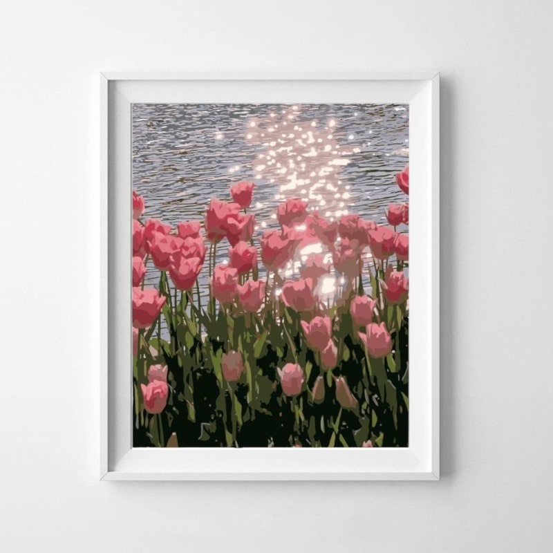 Paint by number tulip design with shimmering water and sunlight reflections.