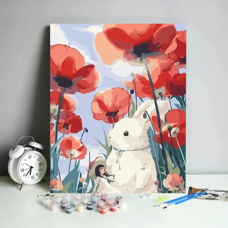 Paint by numbers kit featuring a bunny in a vibrant red poppy field.