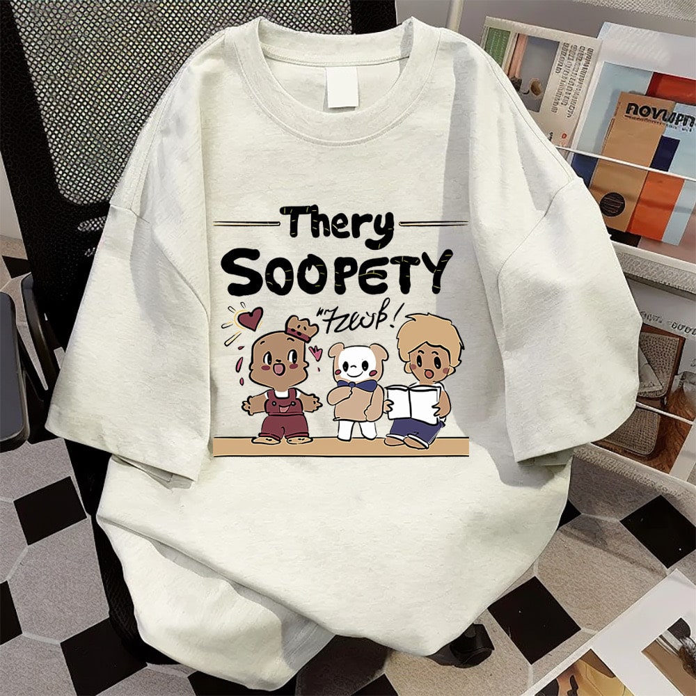 Thery Soopety graphic T-shirt in white with cartoon design.