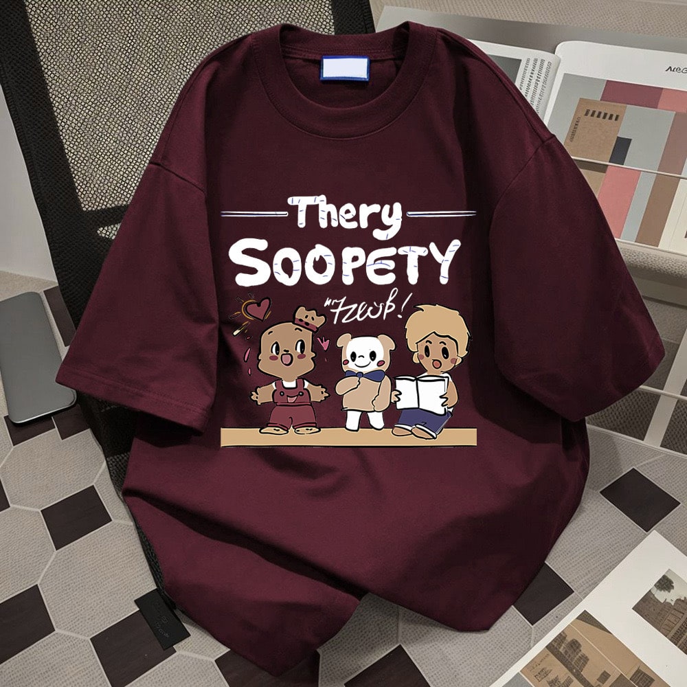 Burgundy Thery Soopety T-shirt featuring playful characters.