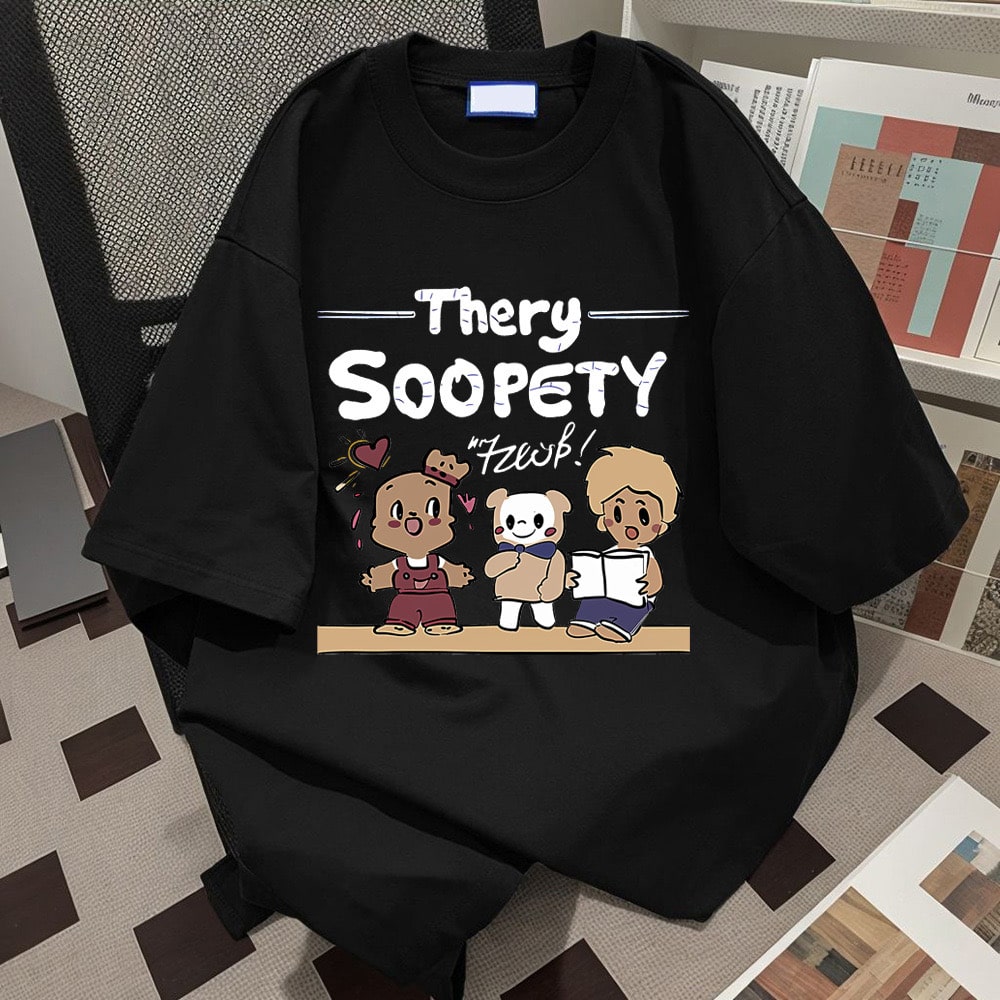 Close-up of Thery Soopety T-shirt showcasing cute graphic art.