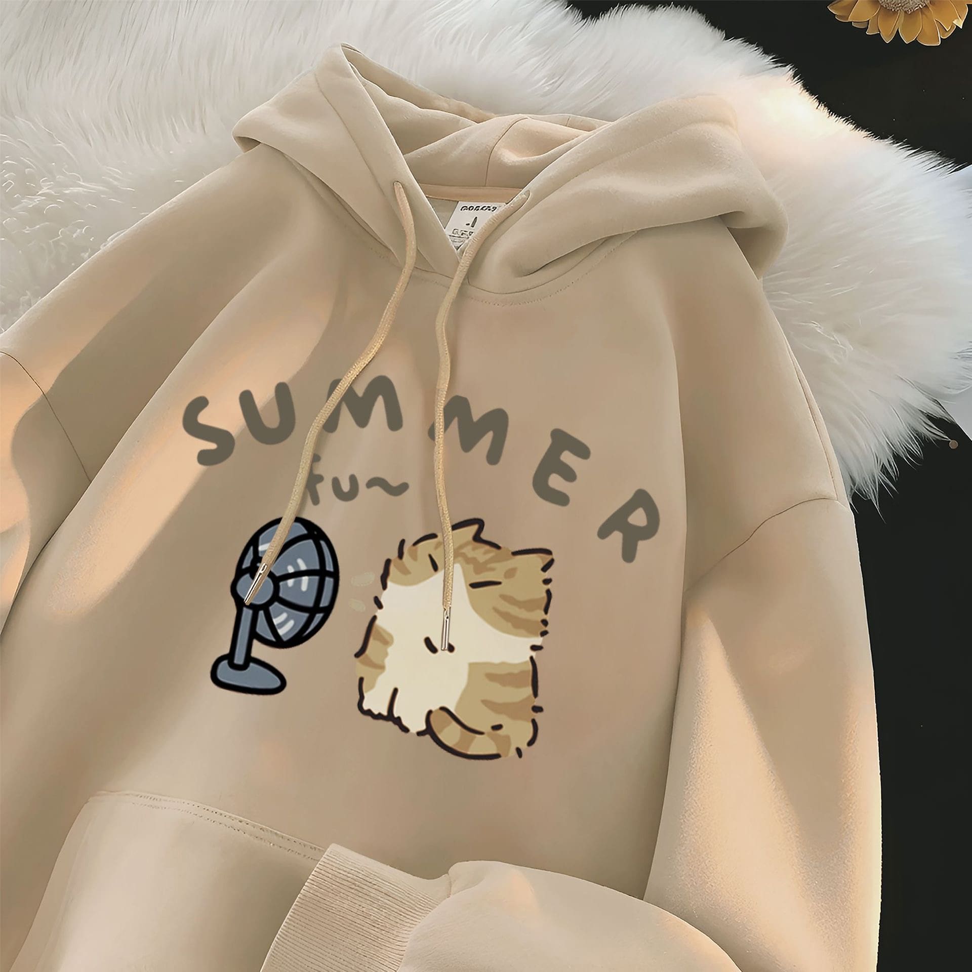 Beige Summer Fu~ hoodie with cute cat and fan graphic.