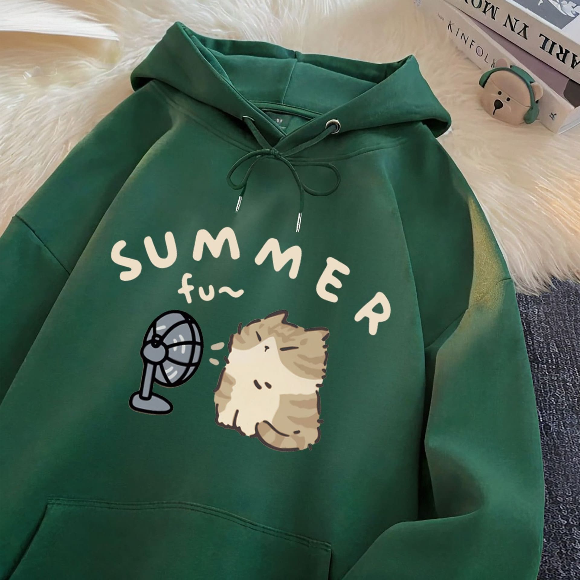 Green Summer Fu~ hoodie featuring an adorable cat design.