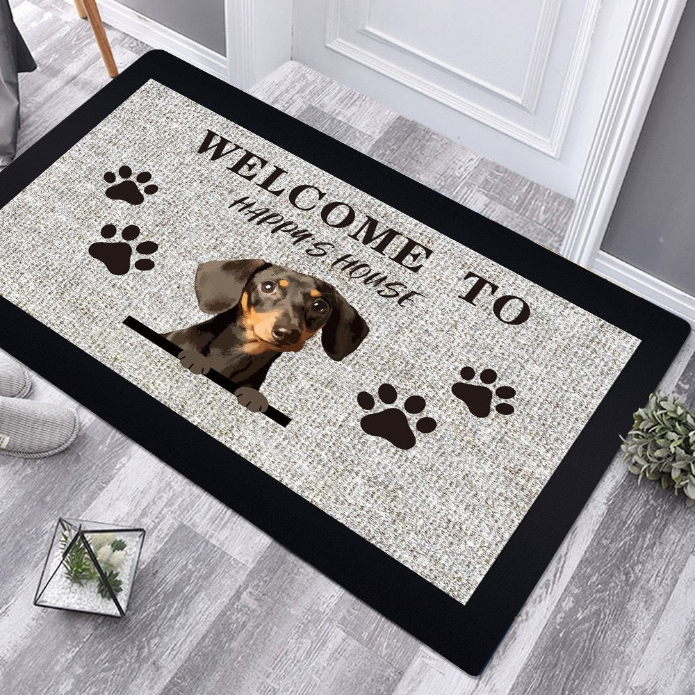 Personalized dog-themed welcome mat with dachshund illustration