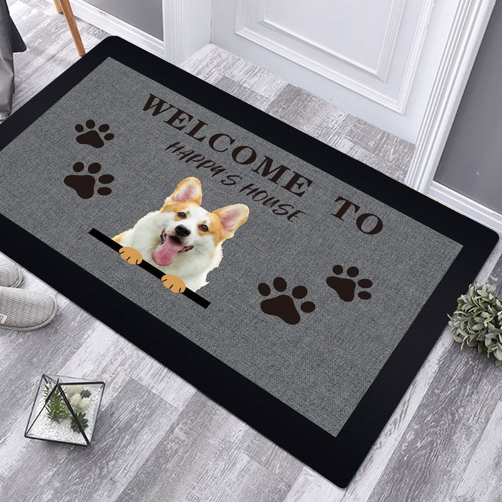 Custom corgi welcome mat with pet name and paw prints