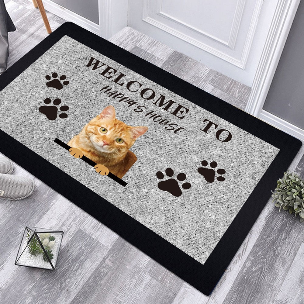 Cat-themed custom welcome mat with adorable cat design