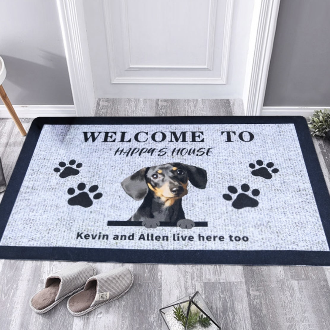 Personalized welcome mat for pet lovers with dog and paw print design