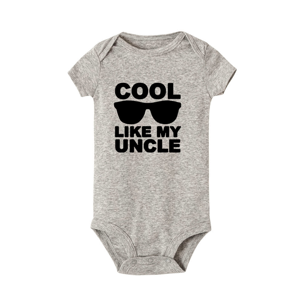 Gray baby bodysuit featuring fun uncle-themed text and sunglasses