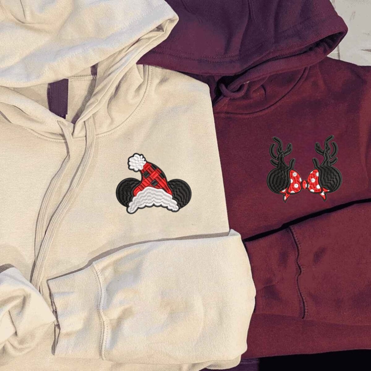 Festive winter hoodies with reindeer antlers and Santa hat embroidery