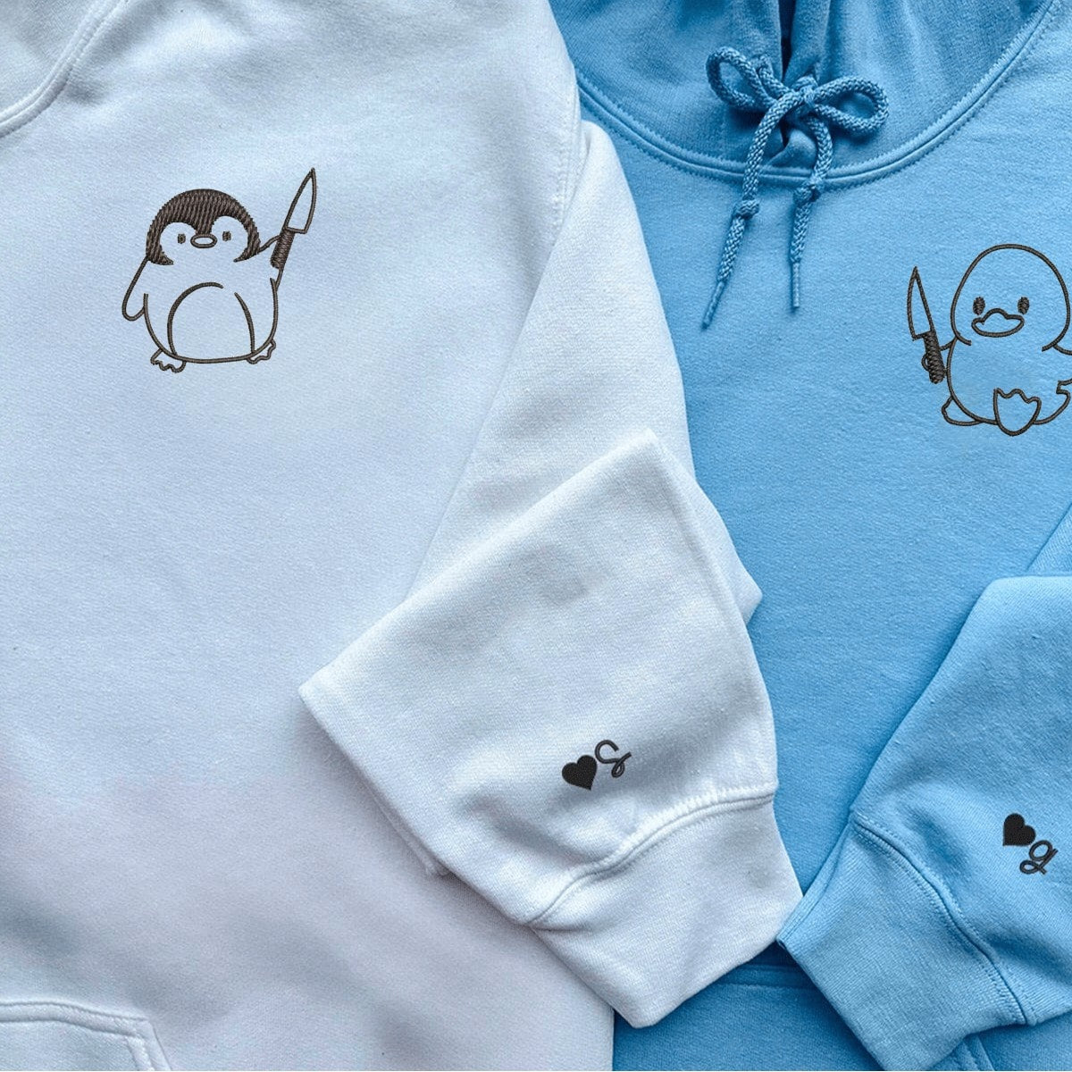 Custom monogrammed sleeve hoodies with quirky knife-wielding characters