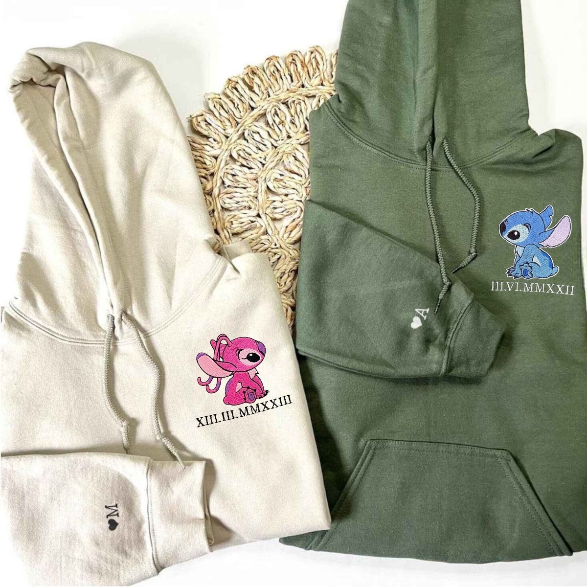 Couple hoodies featuring personalized initials, heart symbols, and love-themed designs.