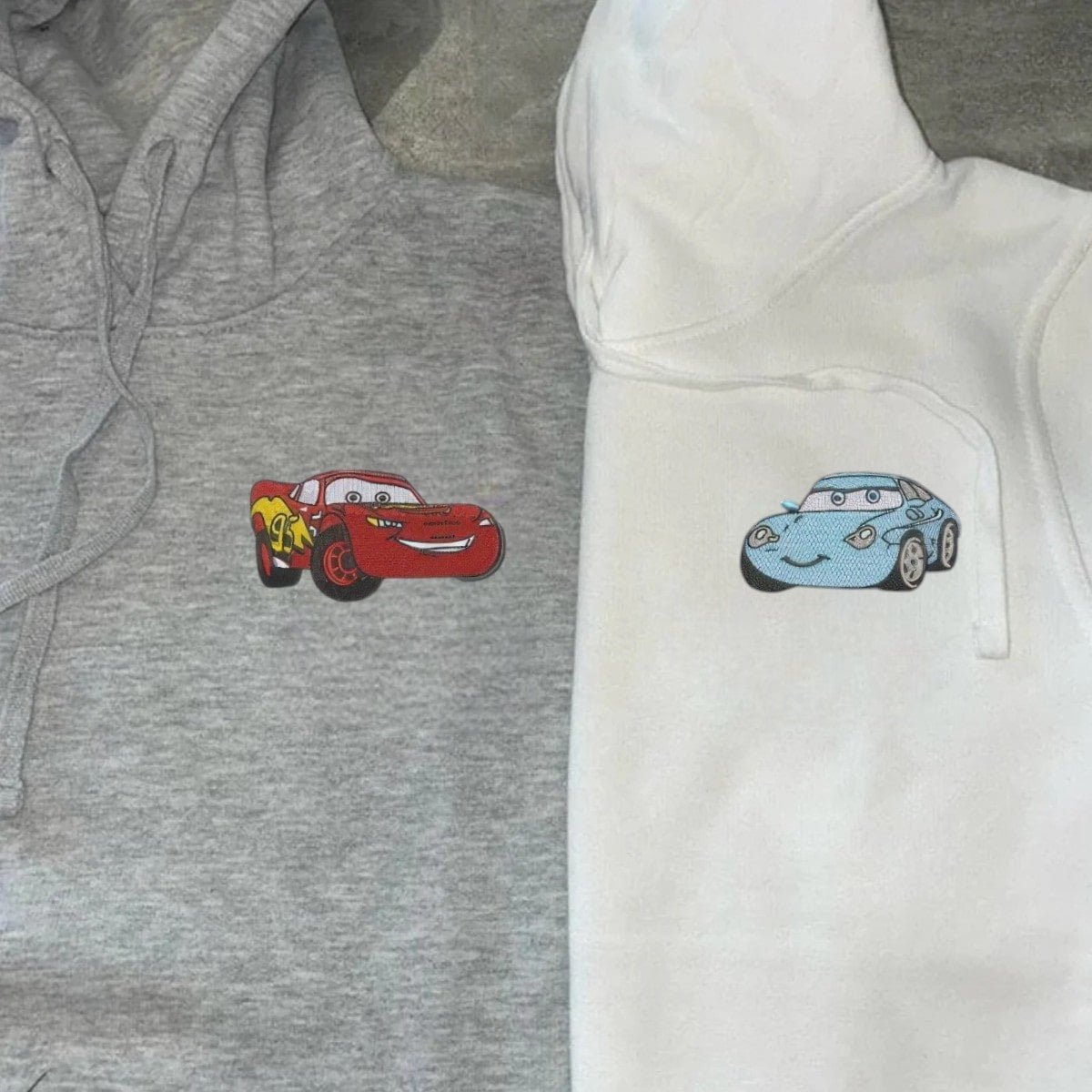 Cars Sally cartoon couple hoodies with personalized monogram on sleeve