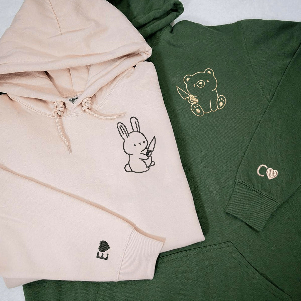 Adorable bear and rabbit matching hoodies with cute and fun embroidered details.