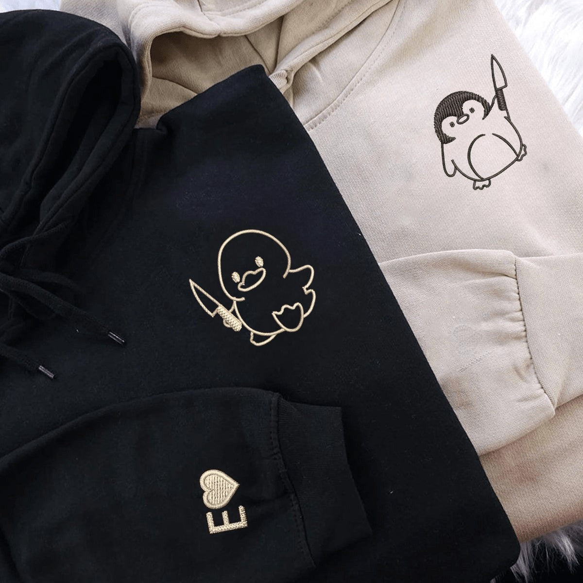 Comfortable fleece hoodies with edgy duck and penguin illustrations