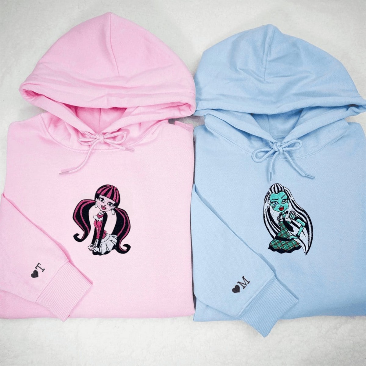 Monster Couple Hoodies featuring embroidered characters and personalized initials.