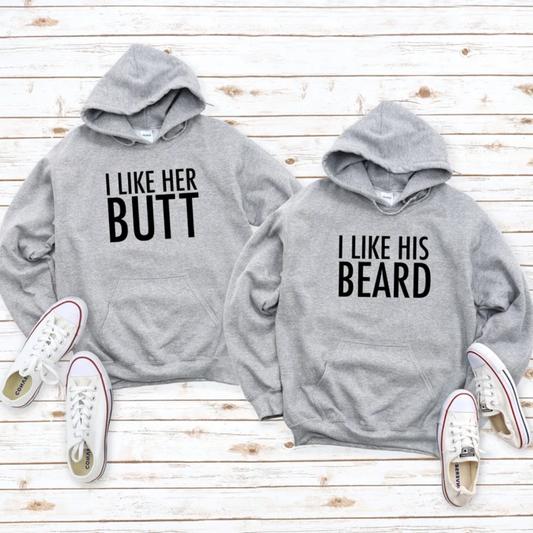 Matching Couple Hoodies - "I Like Her Butt" Custom Embroidered Couples Matching Hoodies