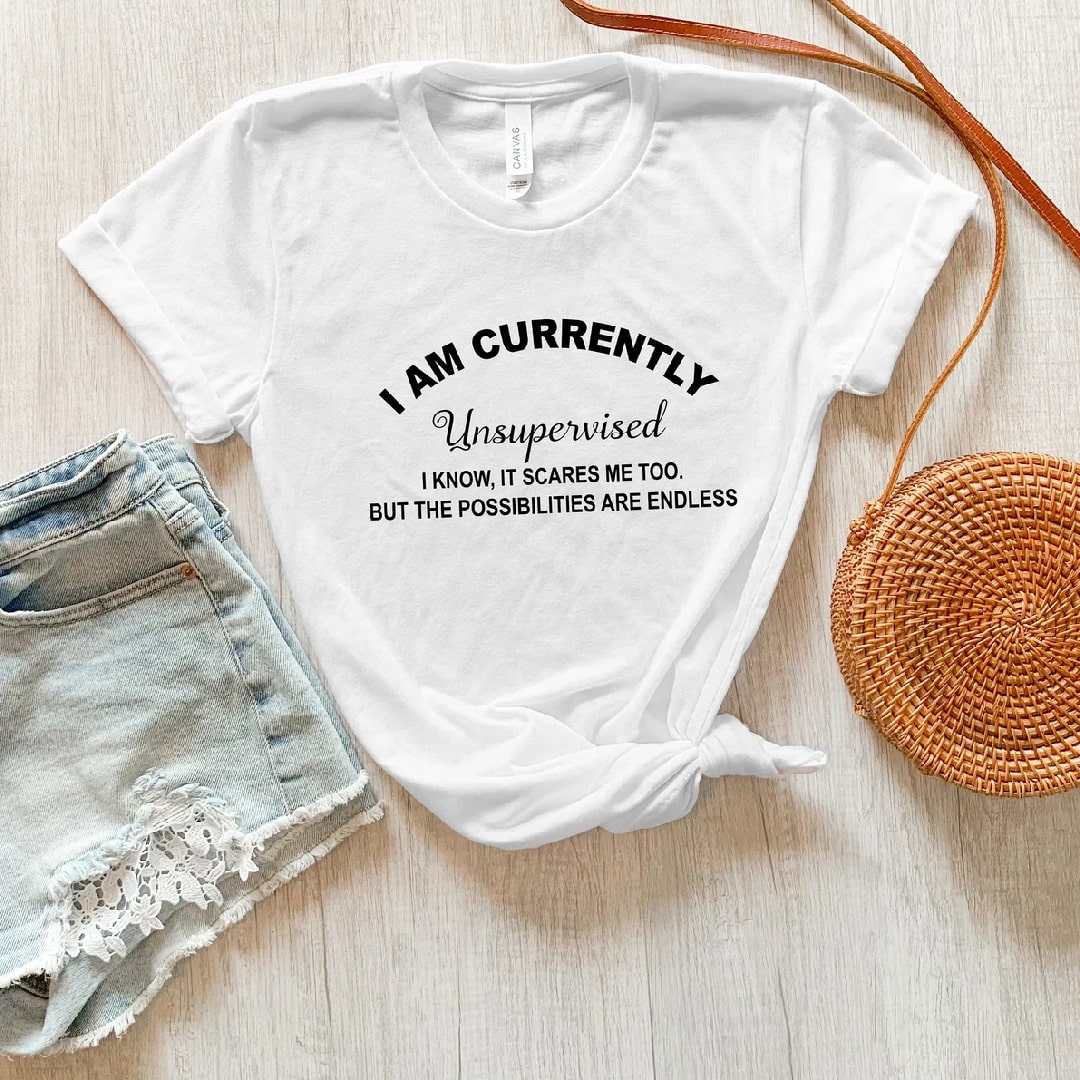 White "Unsupervised" graphic tee with fun quote design