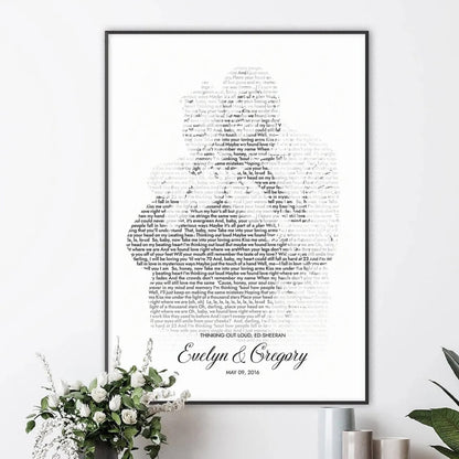 Personalized silhouette portrait from photo with wedding song lyrics, ideal for couples
