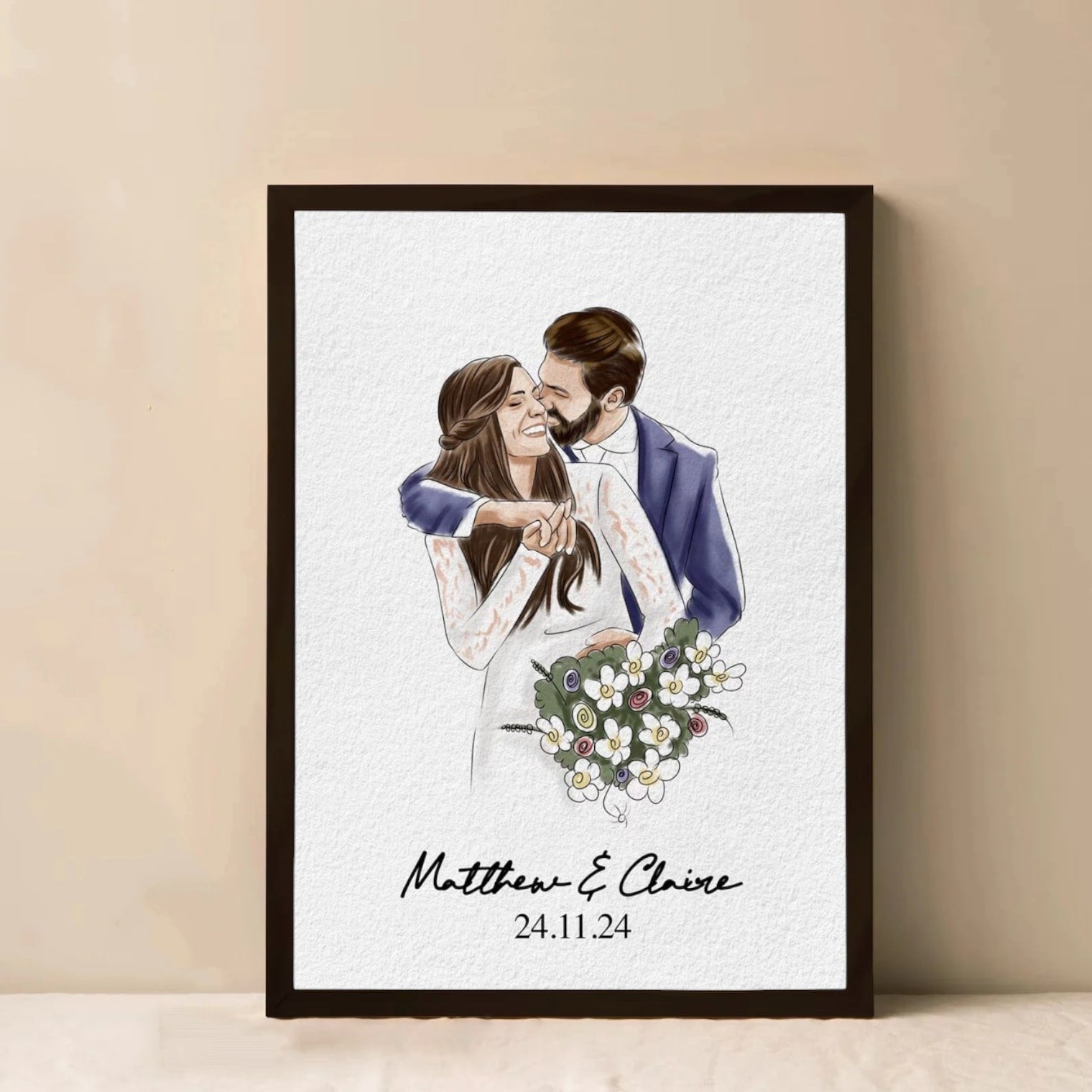 Custom canvas art print featuring illustrated couple with wedding bouquet, personalized anniversary gift wall art

