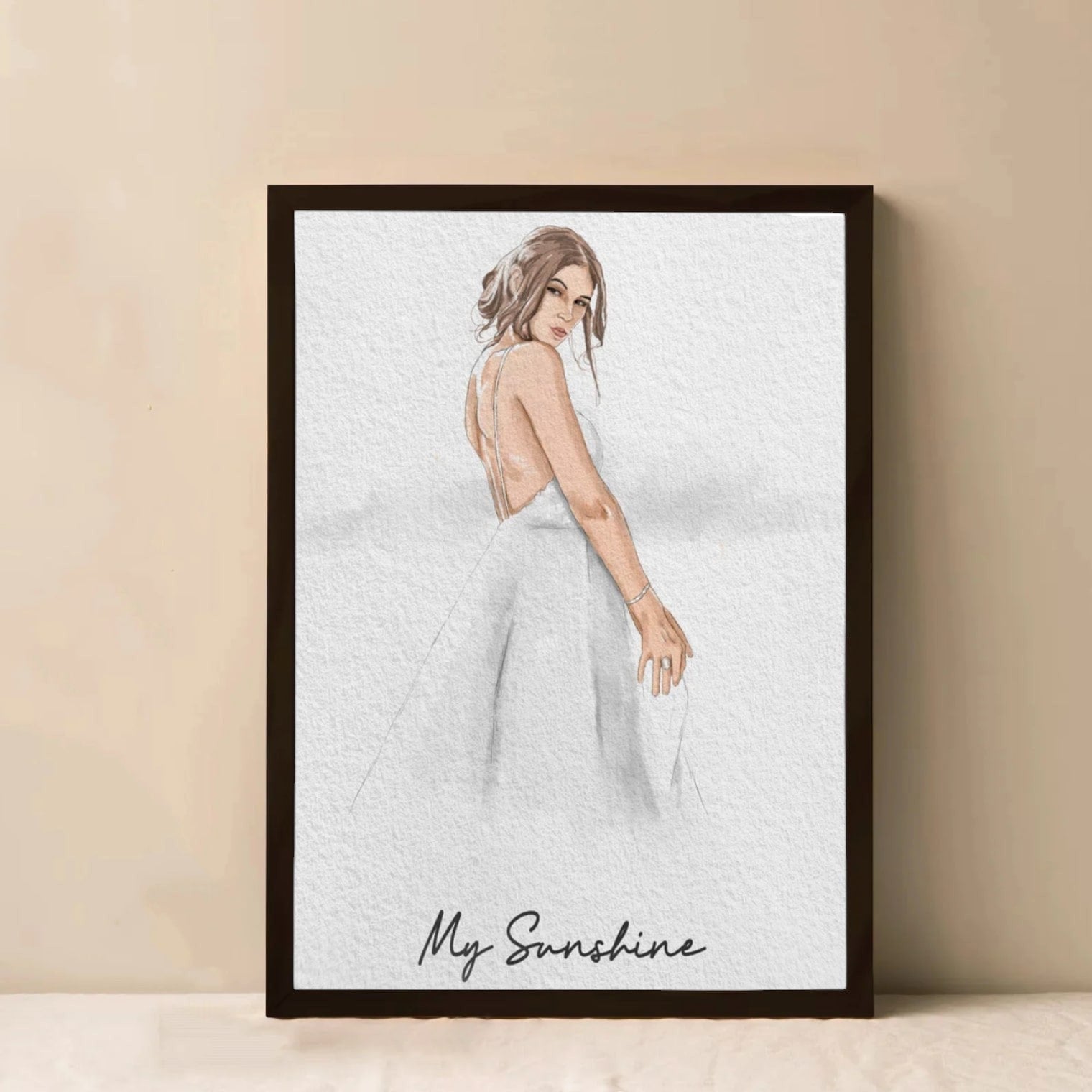 Custom canvas art print featuring illustrated woman in wedding dress, personalized anniversary gift wall art

