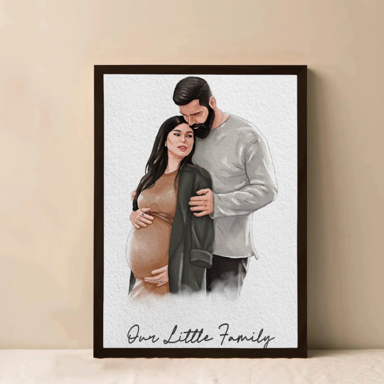 Custom canvas art print featuring illustrated couple with the wife being pregnant, personalized anniversary gift wall art