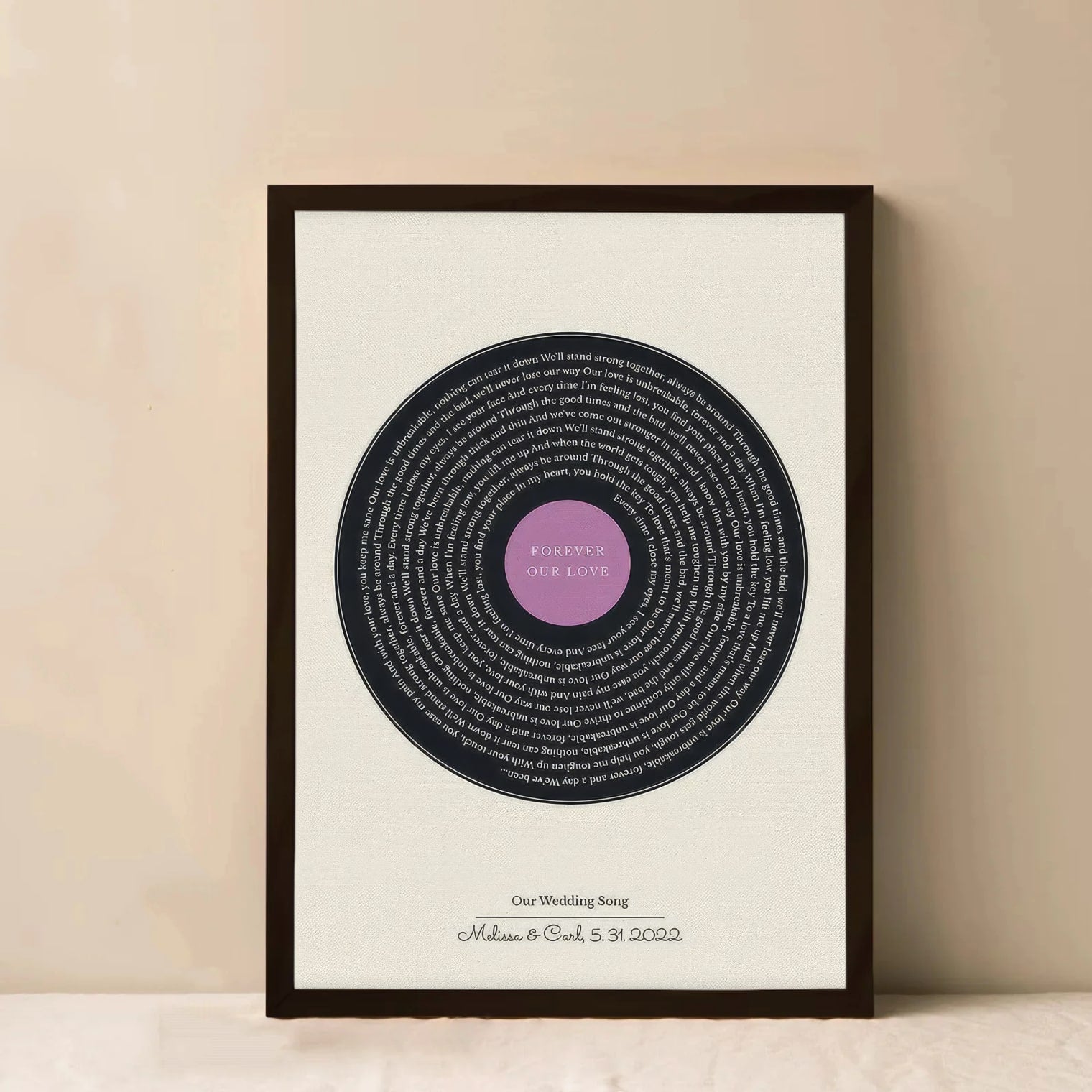 Personalized artwork featuring names and dates on a vinyl-inspired print