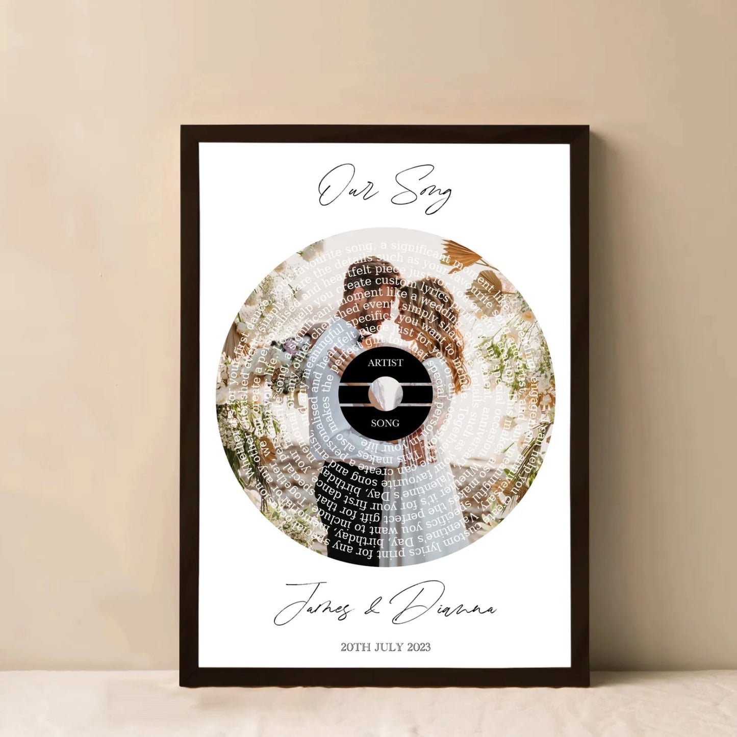 Custom vinyl record-style wedding song wall art with personalized photo, perfect gift for couples

