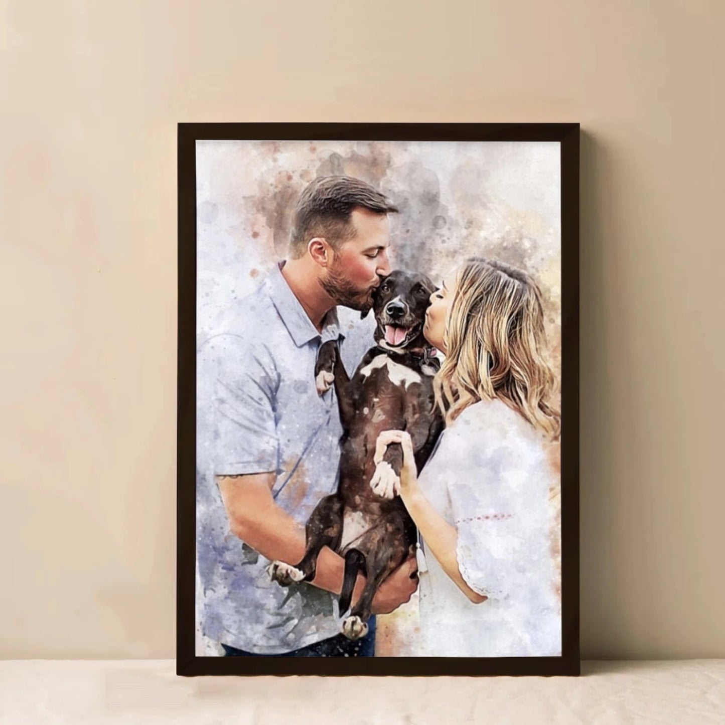 Custom couple and pet portrait canvas featuring a dog and loving owners

