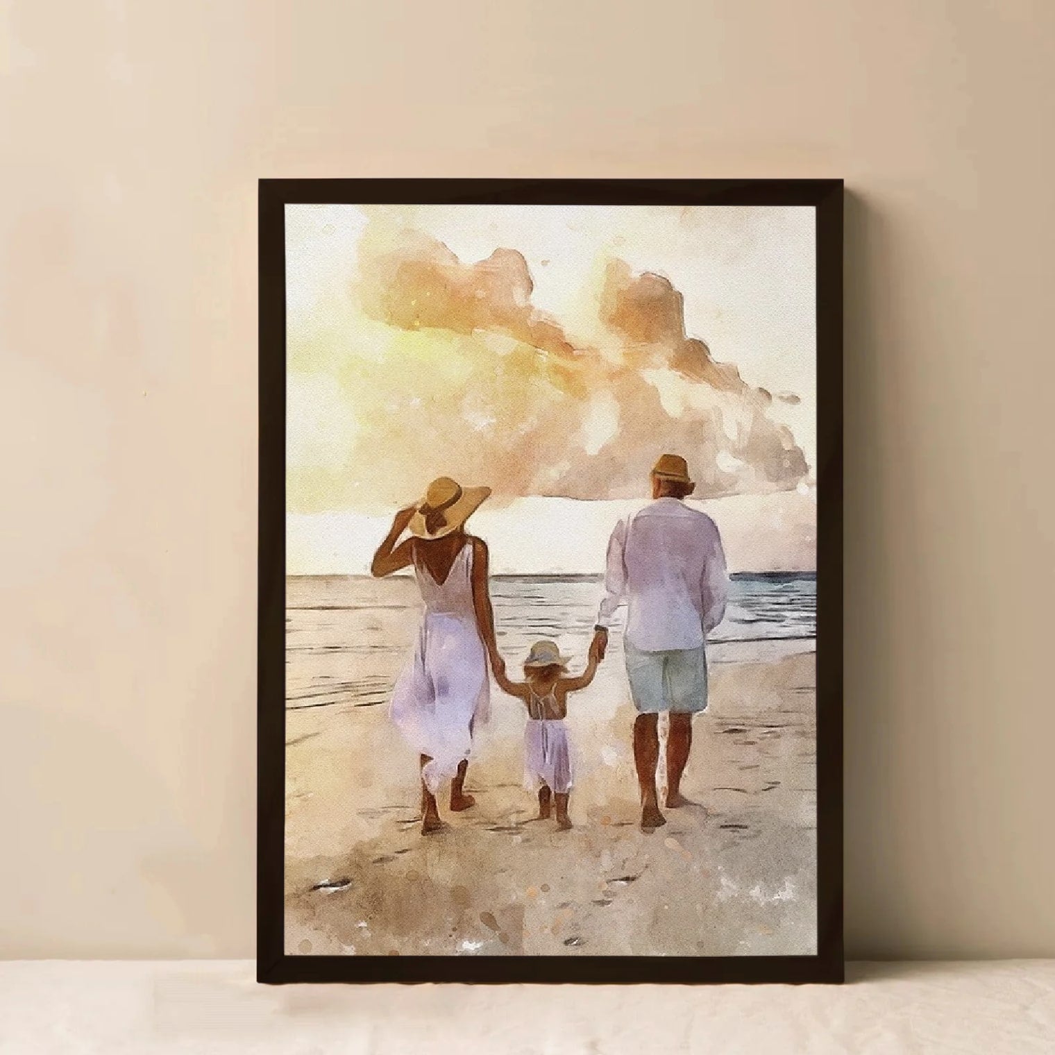 Custom family portrait canvas of a family walking on the beach