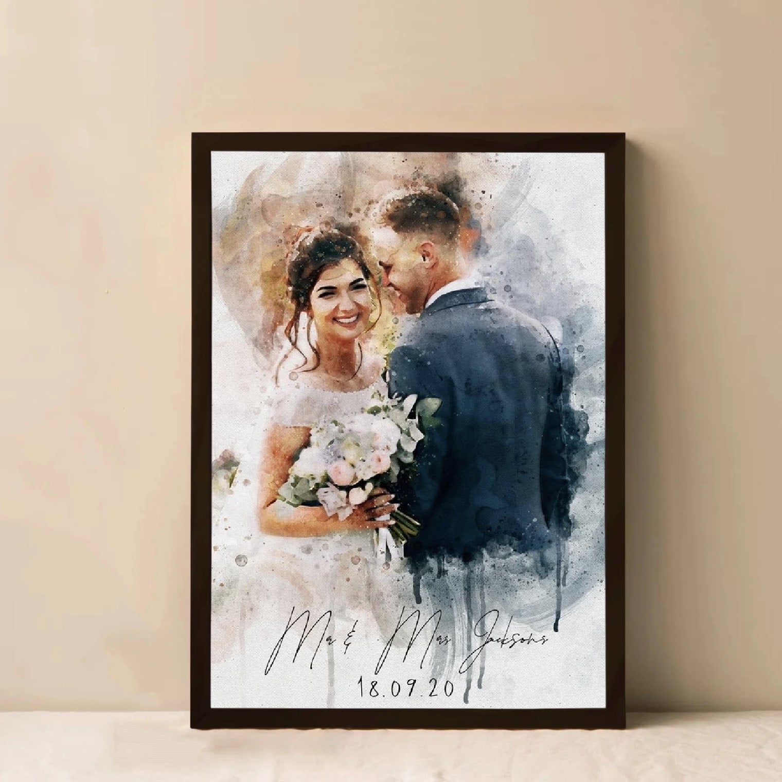 Custom wedding portrait canvas of a couple on their wedding day

