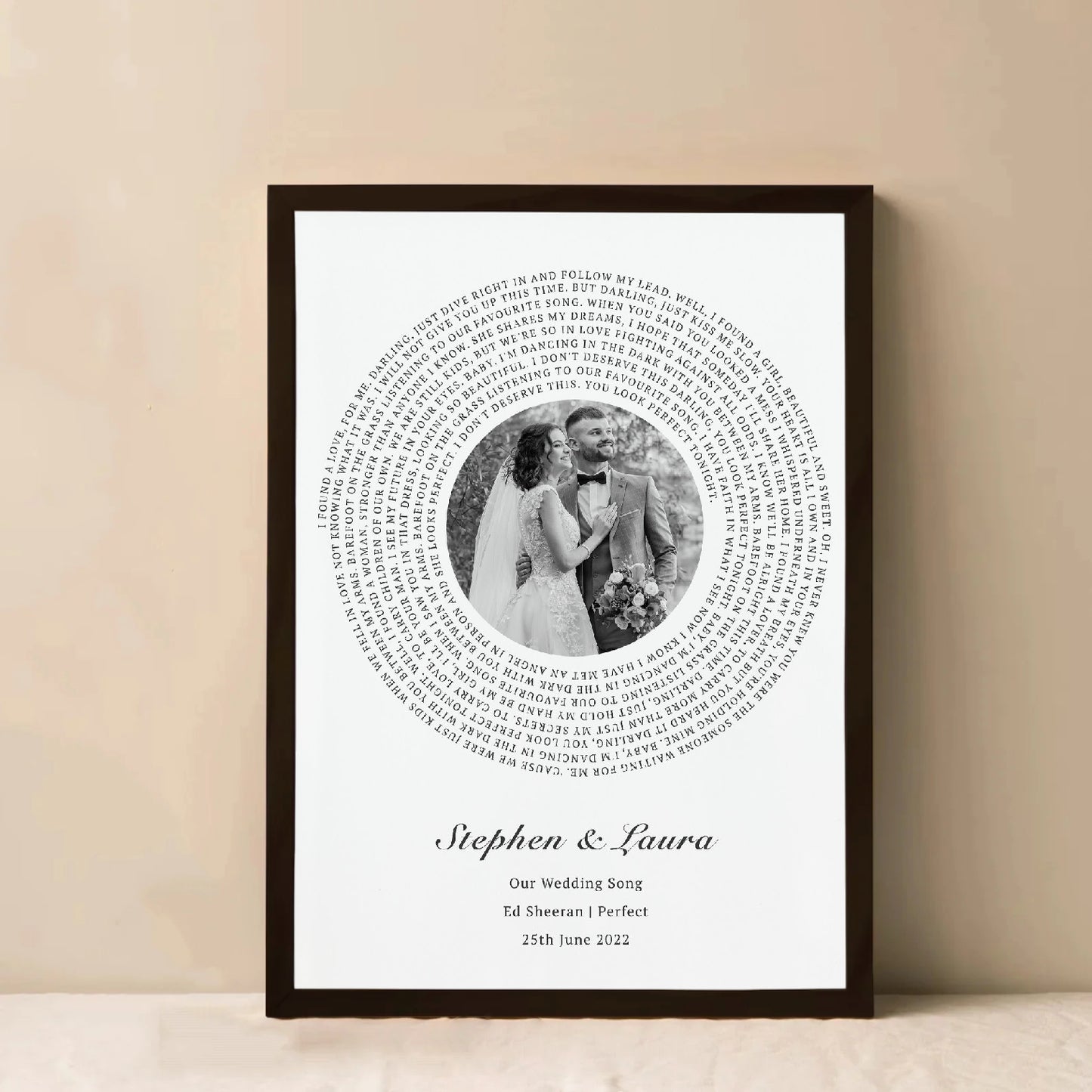 Custom wedding song lyrics wall art with a couple’s wedding photo, personalized gift for couples

