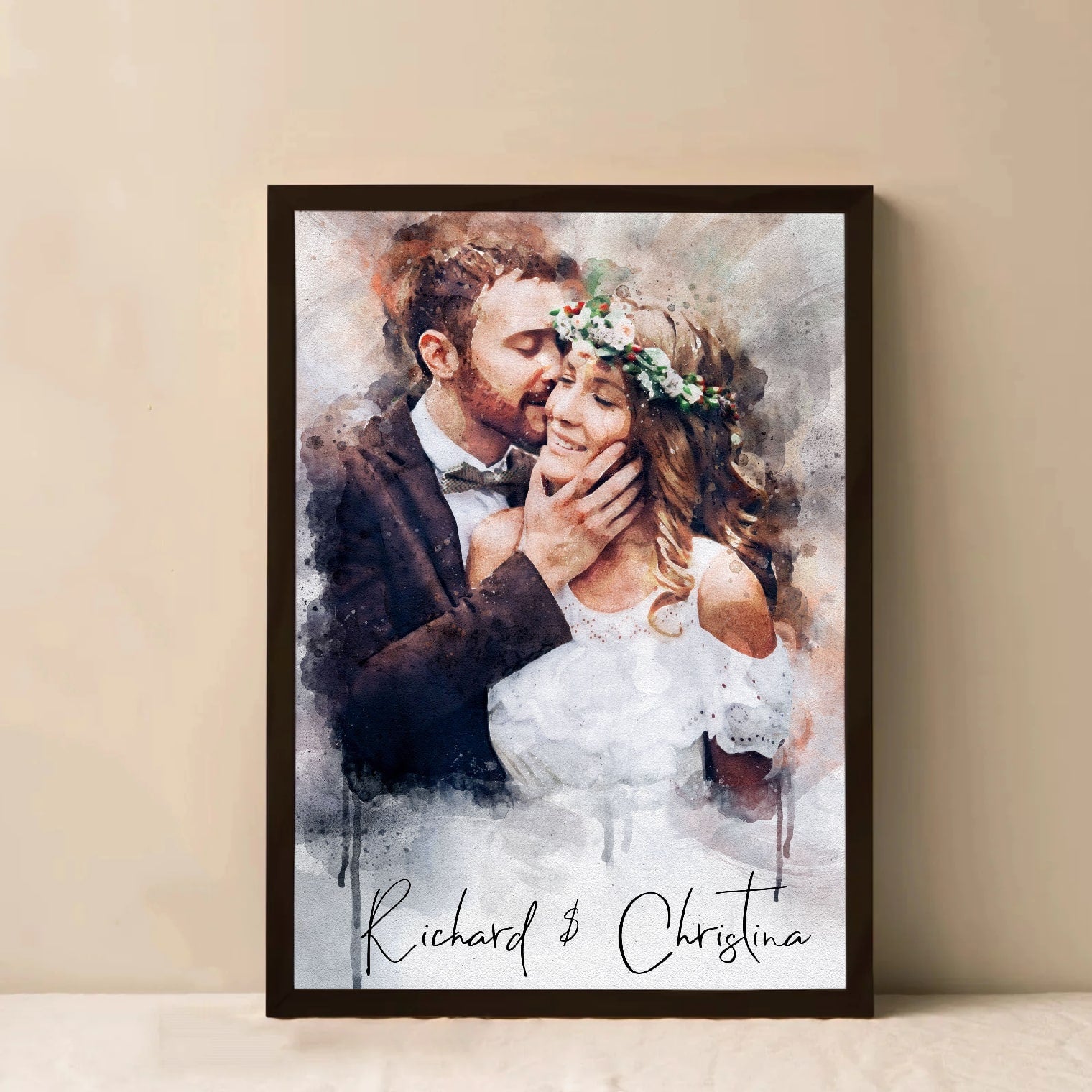 Custom couple photo turned into wedding-themed canvas wall art
