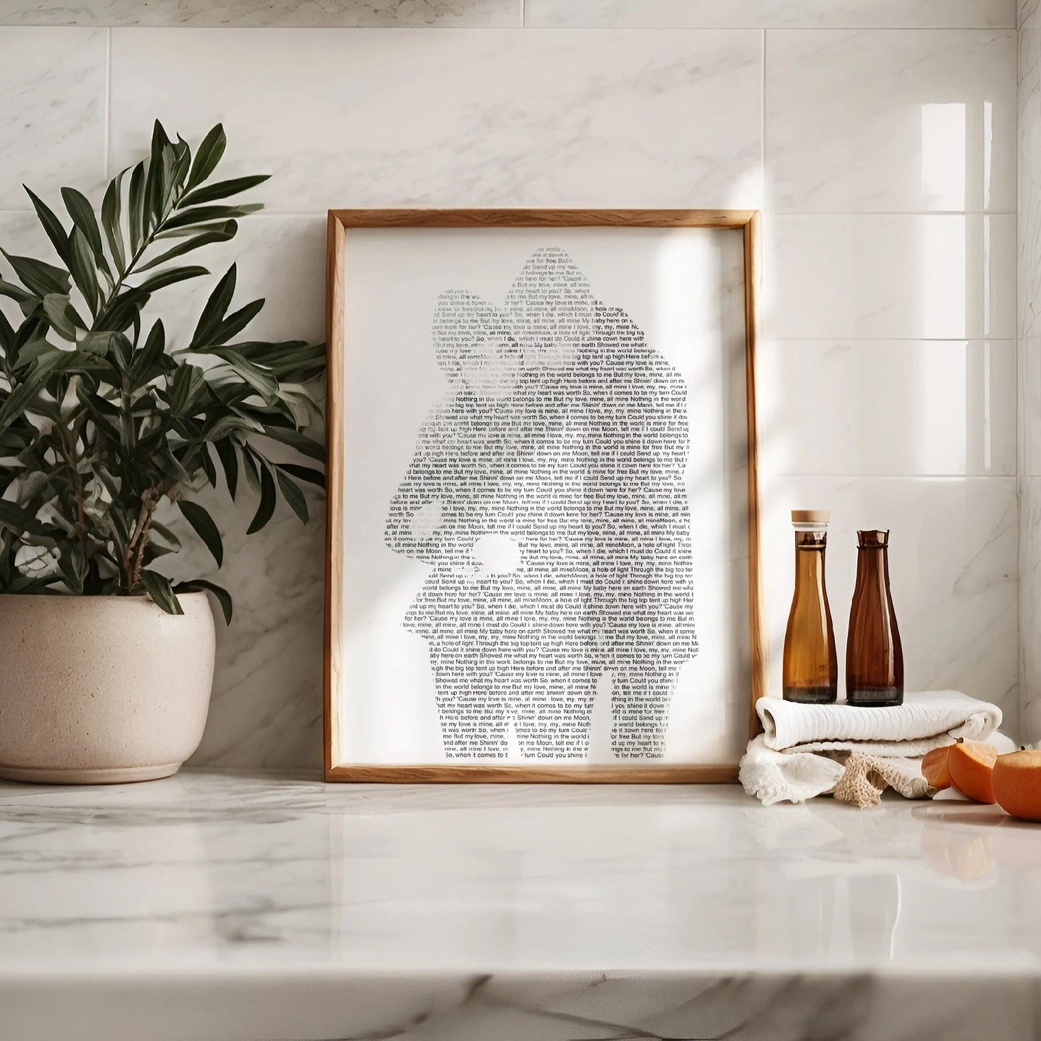 Custom song lyrics wall art featuring personalized portrait from couple’s photo
